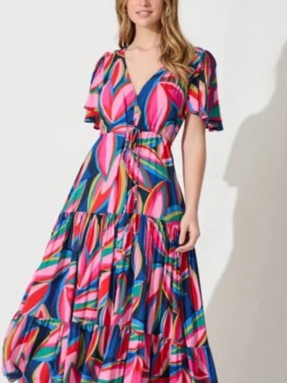 Bold Multi-Color V-Neck Tiered Maxi Dress - Pink & Blue